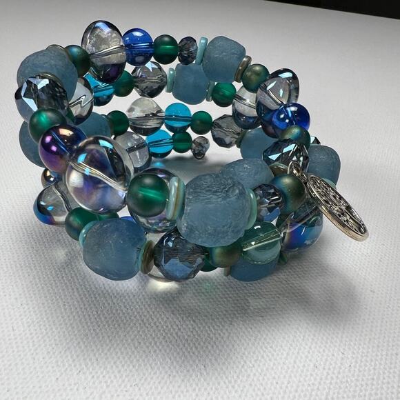 Handmade Beaded Coil Bracelet Sea Glass Blue Green Glass Beads Tree Charms - Picture 1 of 5